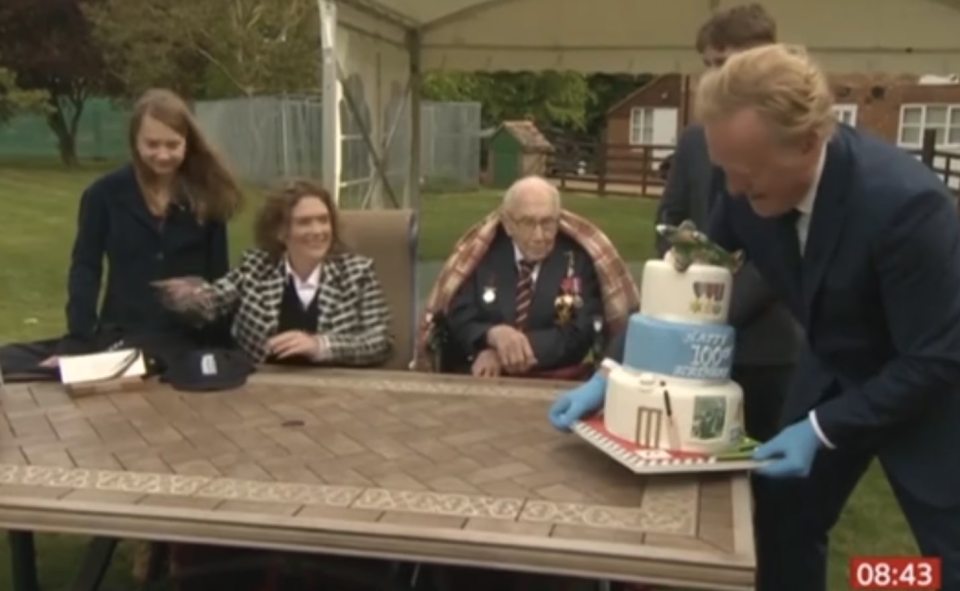  The three-tier cake was given to Captain Tom Moore today