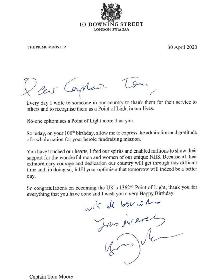  Boris Johnson wrote to Captain Tom and said he "epitomises a point of light"