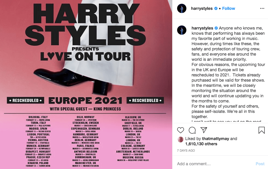  Harry has rescheduled his tour dates due to the current coronavirus situation