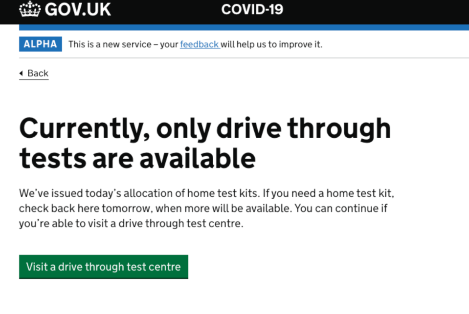  Within minutes of the website launching, key workers were told that today's allocation of kits had run out