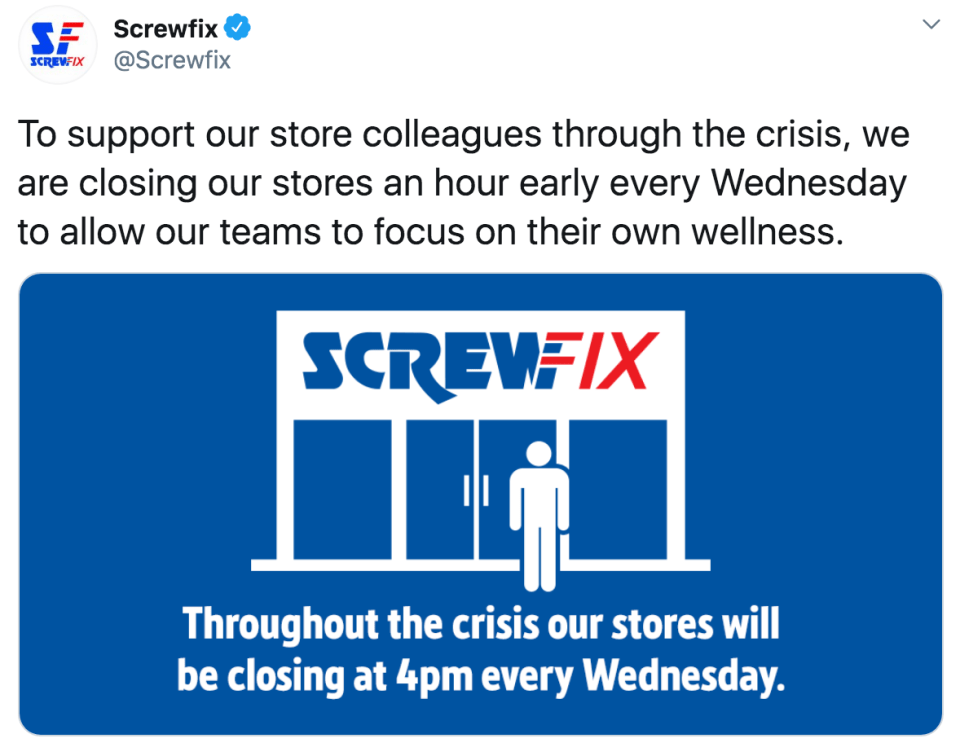 Screwfix is now closing stores an hour early to give staff time off