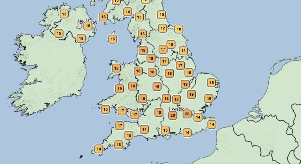  The south of England will see the hottest temperatures tomorrow, in particular a corridor between Manchester and London