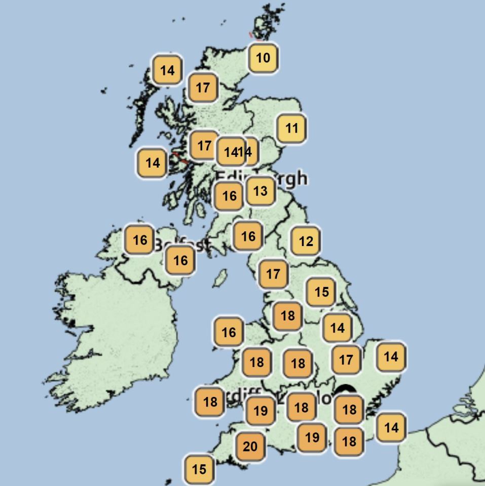  The UK will see highs of 21C in the west today, and highs of 12-15C in the east