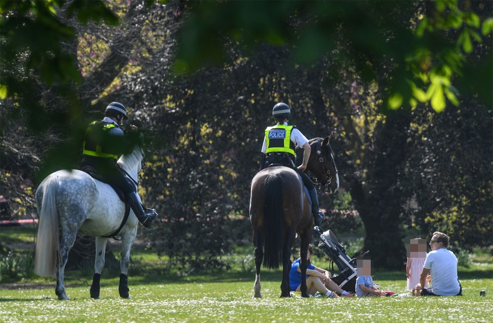  Cops on horseback speaking to people having a picnic in Greenwich Park