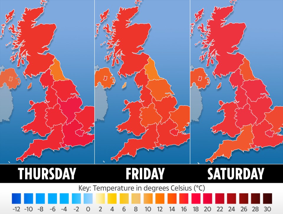  Brits are set to see temperatures of 24C on Thursday, and London may hit 26C