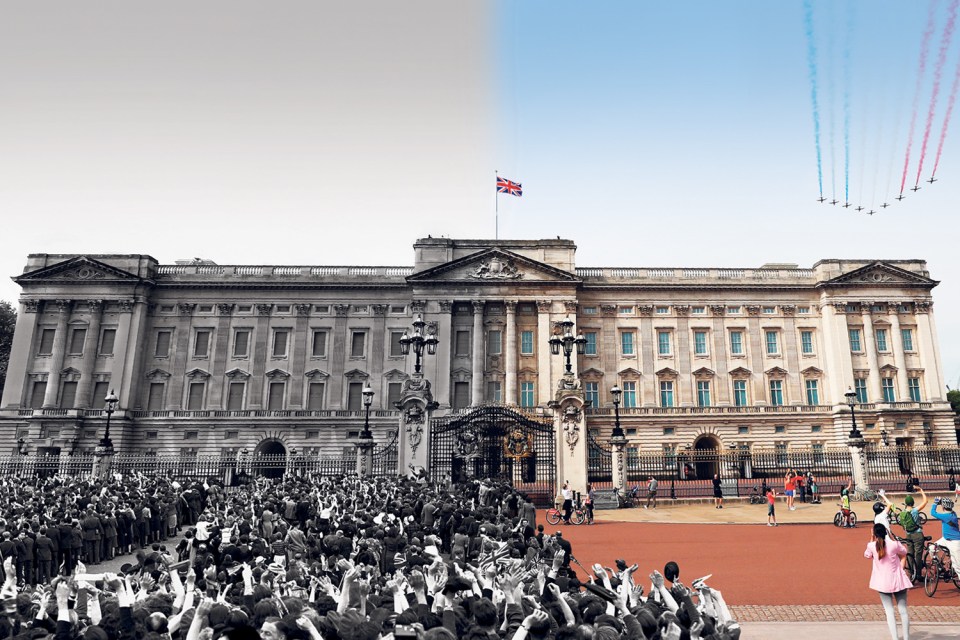 VE Day in 1945 alongside the quiet streets yesterday as the Red Arrows pass Buckingham Palace