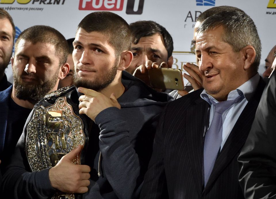  Khabib Nurmagomedov's father Abdulmanap, right, is reportedly unable to talk after waking from a coma