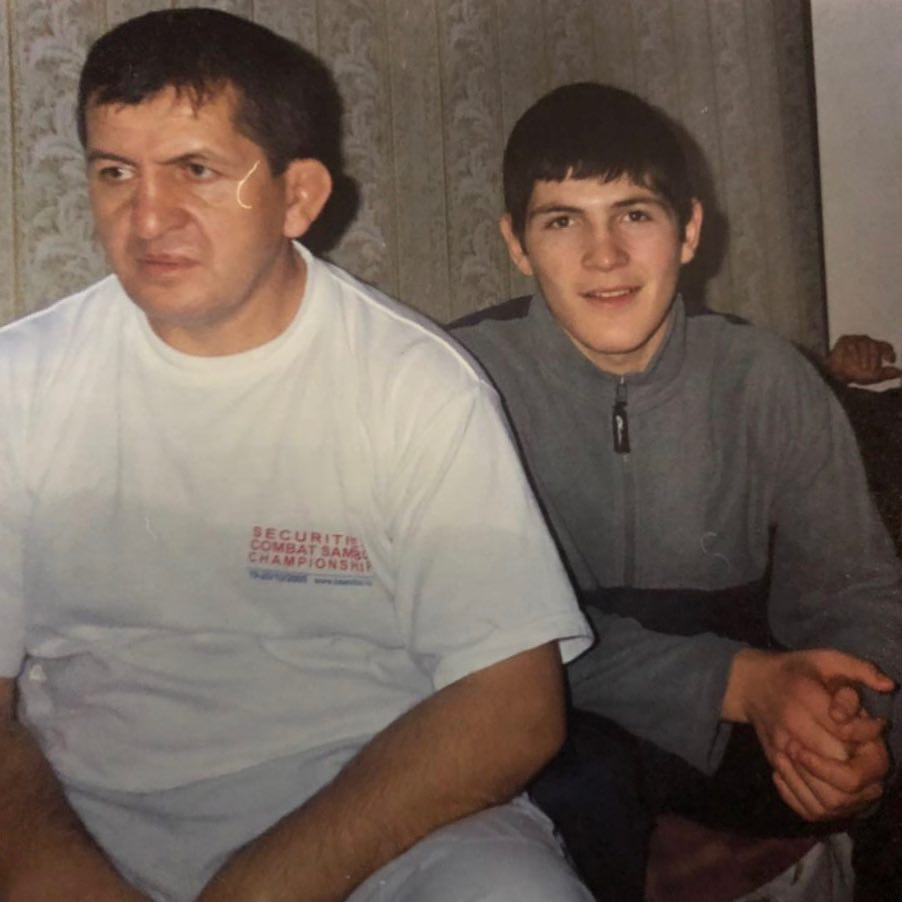  Abdulmanap, pictured here with his son Khabib from the past, is in a 'serious condition' in hospital