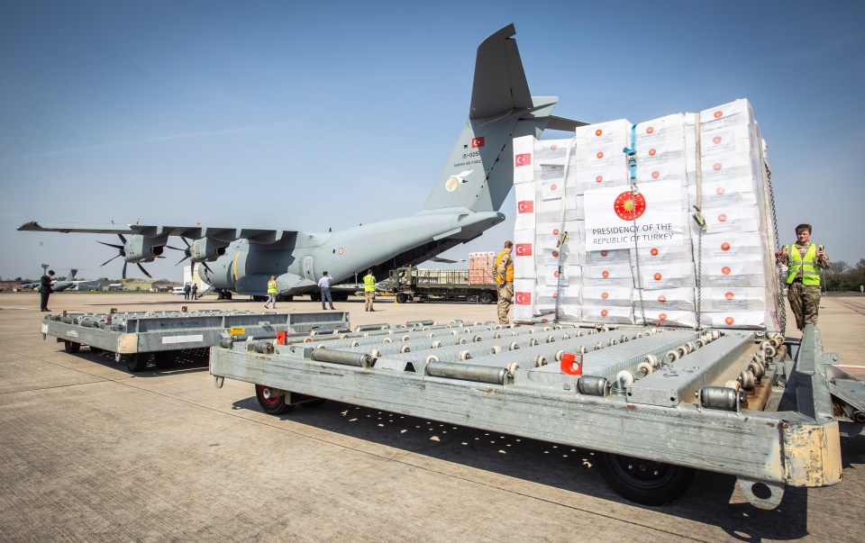  Crucial medical supplies at the RAF Brize Norton, Oxfordshire, after arriving from Turkey