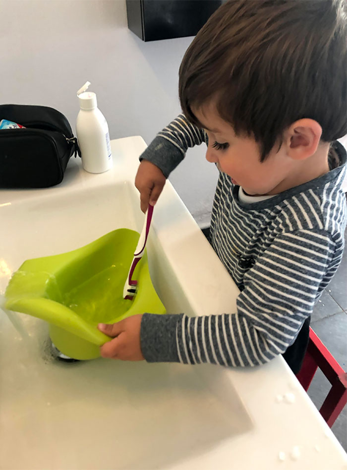 The lad was trying to be helpful by cleaning his potty - but did it with someone's TOOTHBRUSH