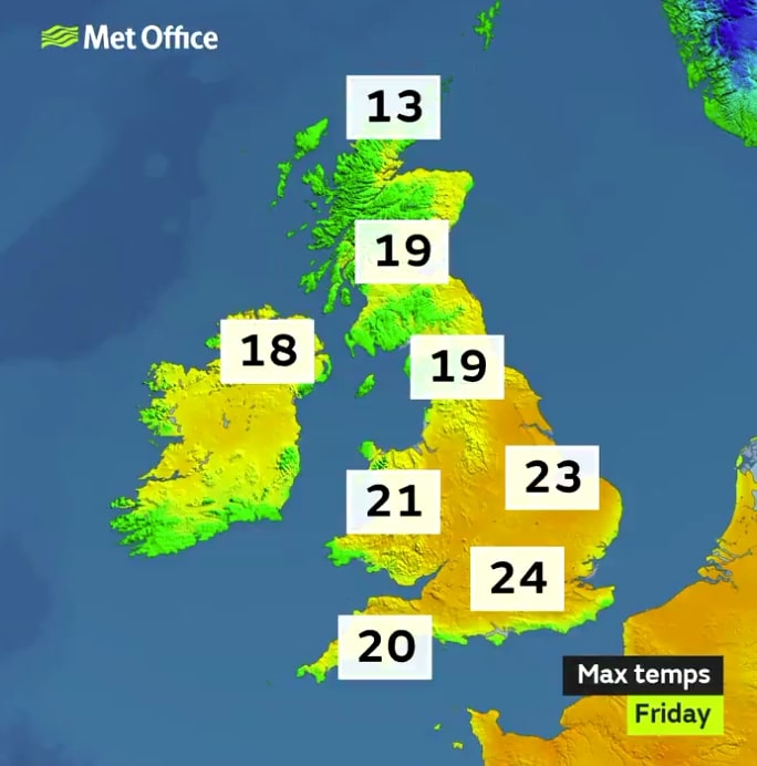  Temperatures will climb to a balmy 24C by Friday