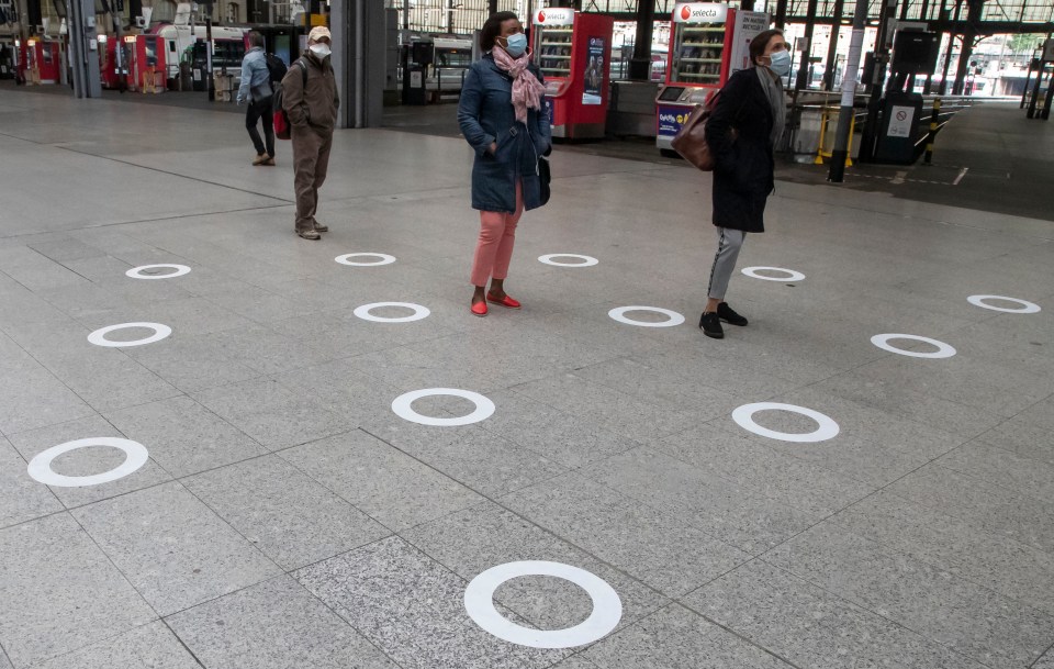  Marks on the ground meant to encourage social distancing at the Gare Saint-Lazare train station in Paris on May 5