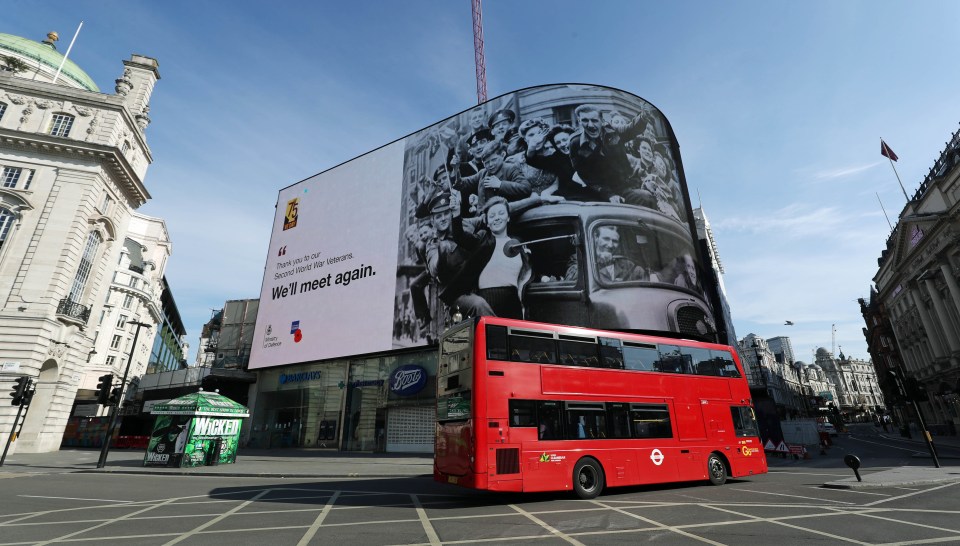  A display by the Ministry of Defence and the British Legion in Piccadilly Circus in central London