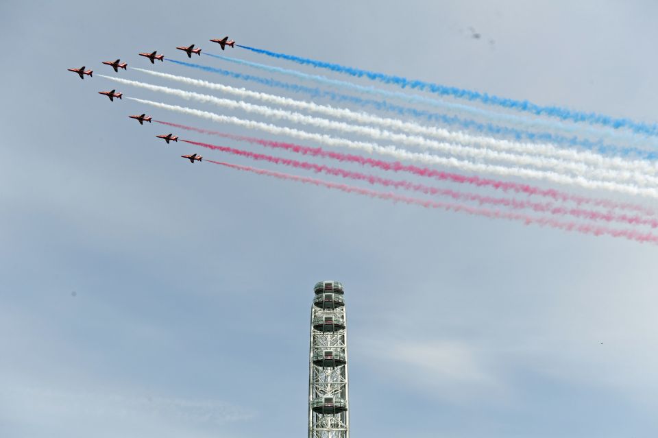  Red Arrows seen soaring over the capital as RAF typhoons flew across the rest of the UK