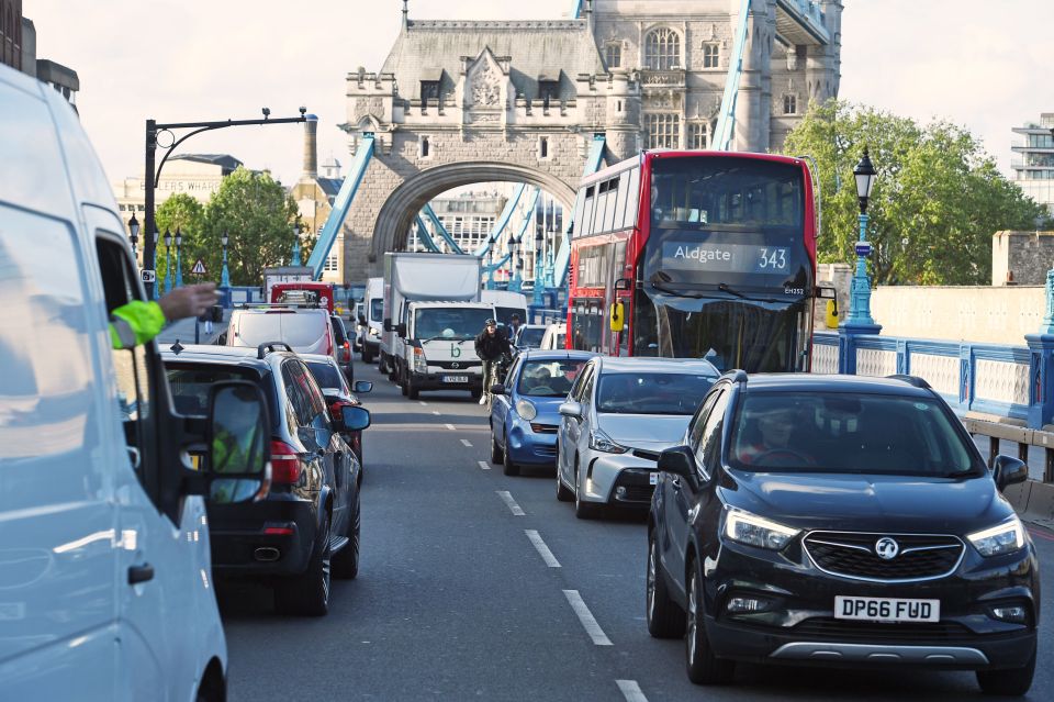  There was bumper to bumper traffic on an approach road near Tower Bridge in London as cars made their way into the capital