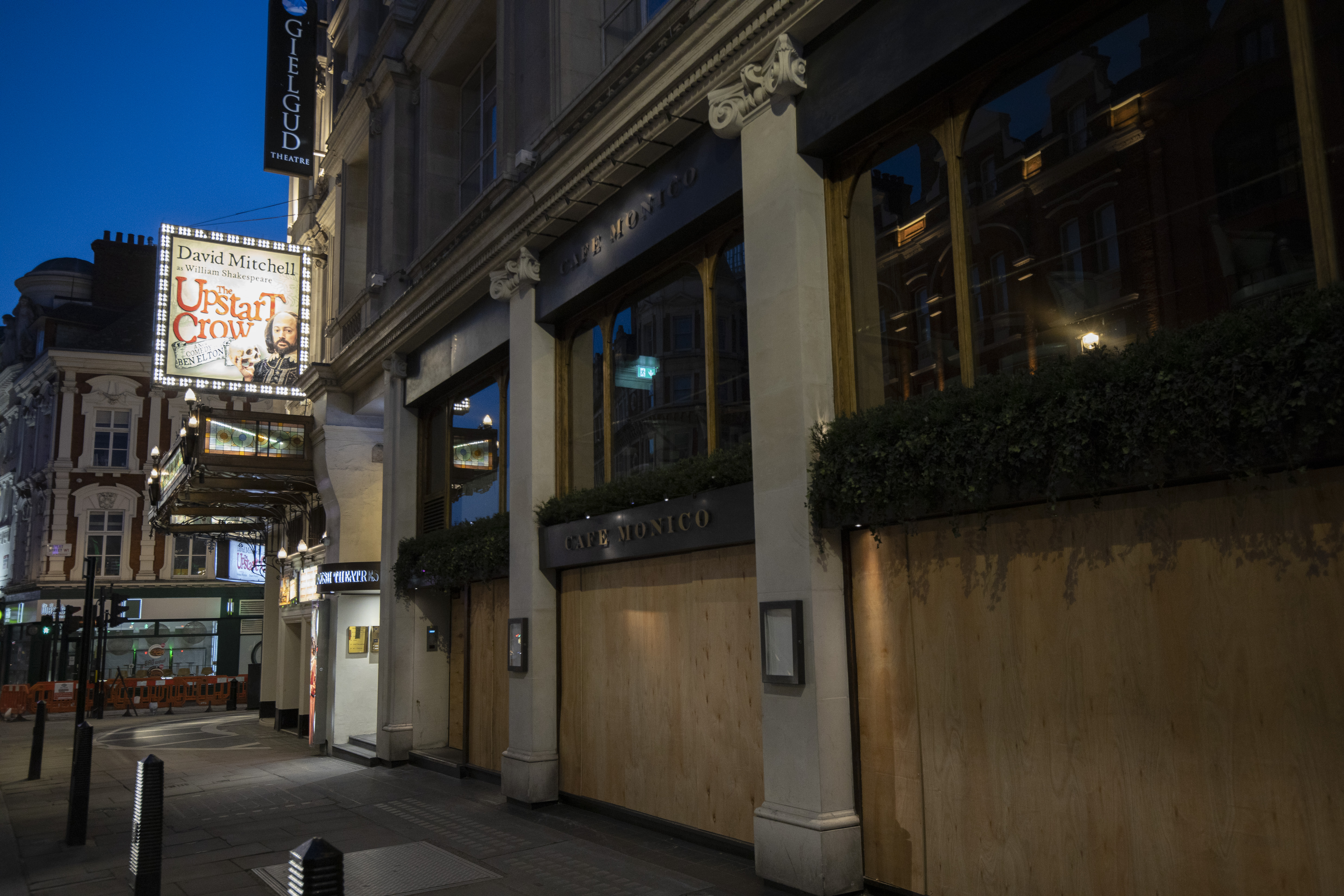 Theatres are boarded up in the West End of London