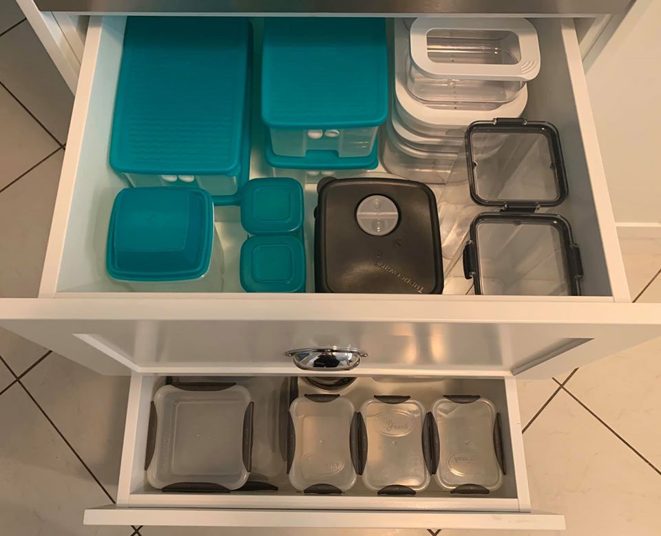 The woman's Tupperware boxes are easy to find in the drawers