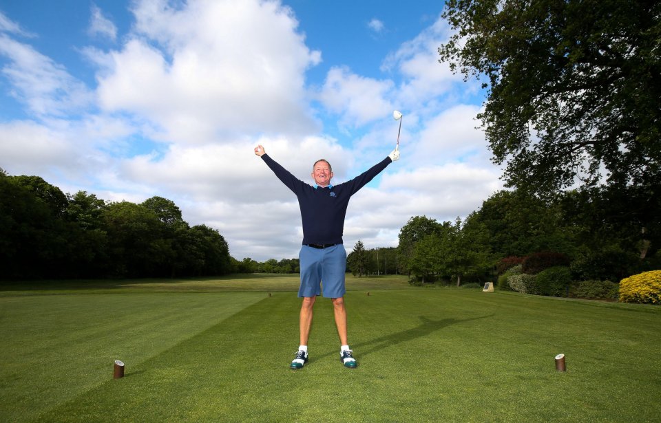  Club Captain Nick Adams celebrates before takes the first tee off time as The Fulwell Golf Club