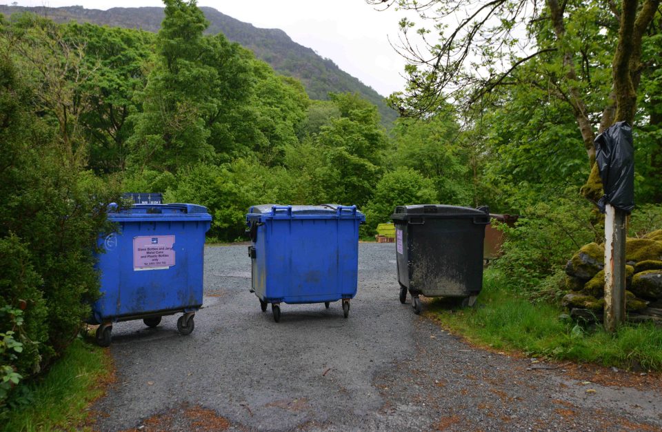  Industrial sized waste bins block a car park in the Lake District after the Government lifted the ban on travel