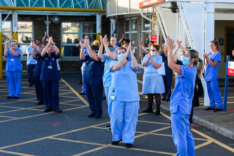 Doctors, Nurses and frontline staff outside the Accident and Emergency entrance at Dorset County Hospital at Dorchester