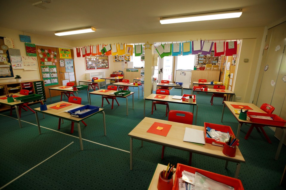  A classroom is seen with tables and chairs socially distanced at Heath Mount Prep School