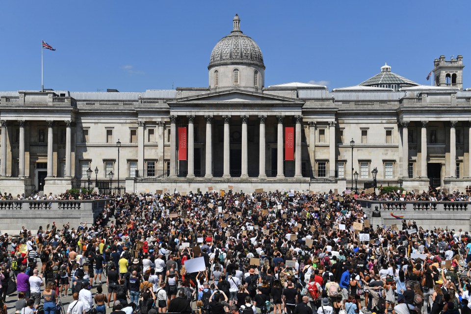 Protesters gather in Trafalgar Square today against the killing of George Floyd