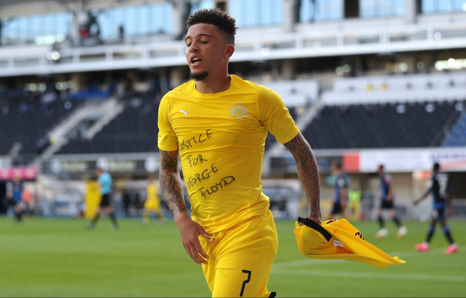  Jadon Sancho, who would cost Man Utd £100m-plus, hit a treble for Dortmund on Sunday, when he also unveiled a 'Justice for George Floyd' shirt