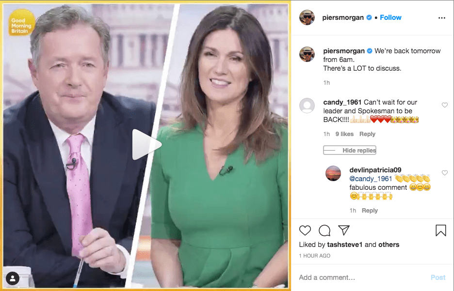  Piers confirmed he'll be back on screens on Monday