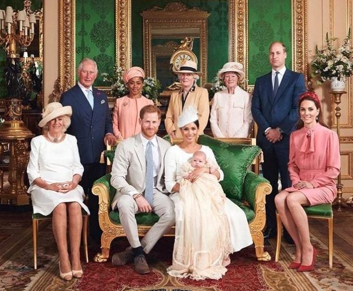  The Cambridges shared a birthday message to little Archie along with a photo from his christening. It shows the Duchess of Cornwall, the Duke of Sussex, the Duchess of Cambridge, the Prince of Wales, Doria Ragland, the sisters of Princess Diana Lady Jane Fellowes and Lady Sarah McCorquodale and the Duke of Cambridge