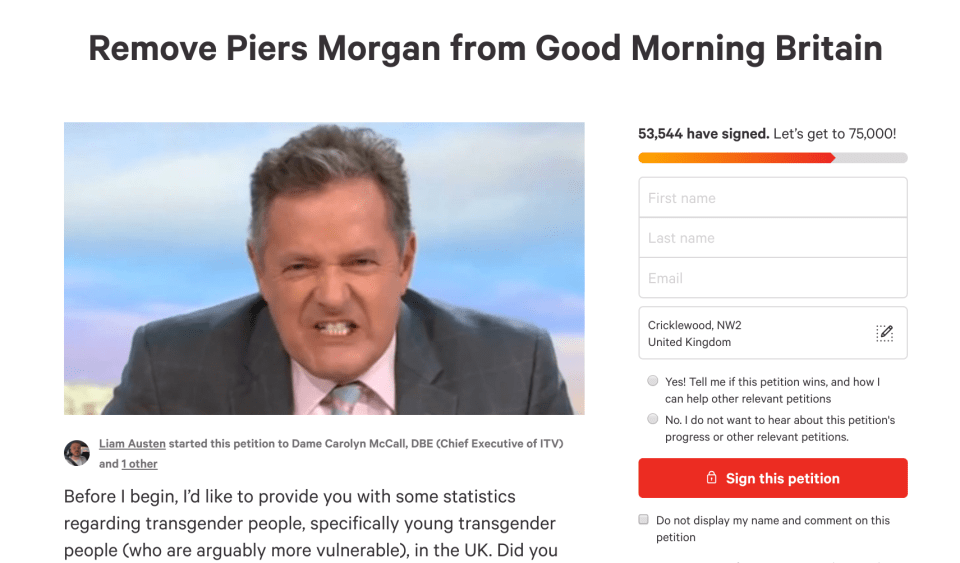  The petition to get Piers Morgan sacked has reached over 53,000 signatures