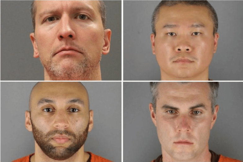  Former Minnesota police officers (clockwise from top left) Derek Chauvin, Tou Thao, Thomas Lane and J Alexander Kueng in a combination of booking mugshots