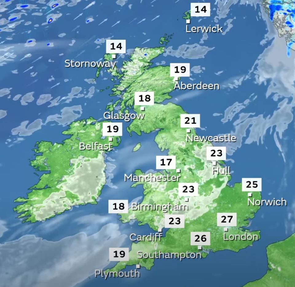  Tomorrow will see temperatures reach 27C in London and the mid-20s across the rest of England