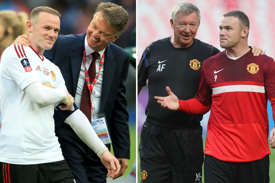  Rooney with LVG, left, and beside Sir Alex Ferguson - but the Man United legend says the Dutchman taught him more