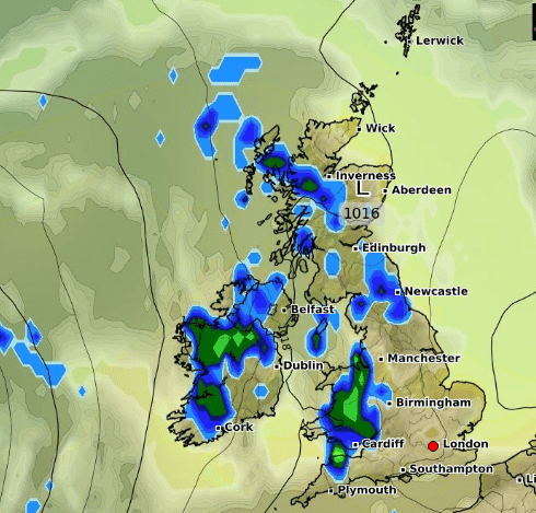  This WX Charts shows how rain will come across the UK on Thursday as depicted in blue and green ahead of the bank holiday weekend