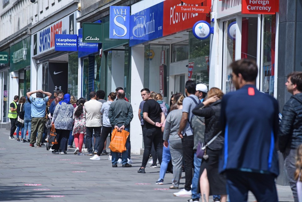 Shoppers waiting to get inside Sports Direct in Southampton