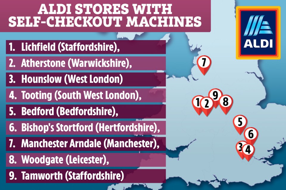 There are now nine Aldi stores across the UK with self-checkout machines