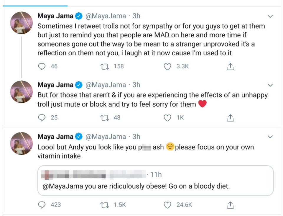  Maya got in a row with one fan who dared to call her 'ridiculously obese'