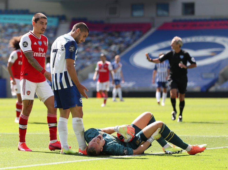  Arsenal lost goalkeeper Bernd Leno to injury before half-time in a controversial clash with Neal Maupay