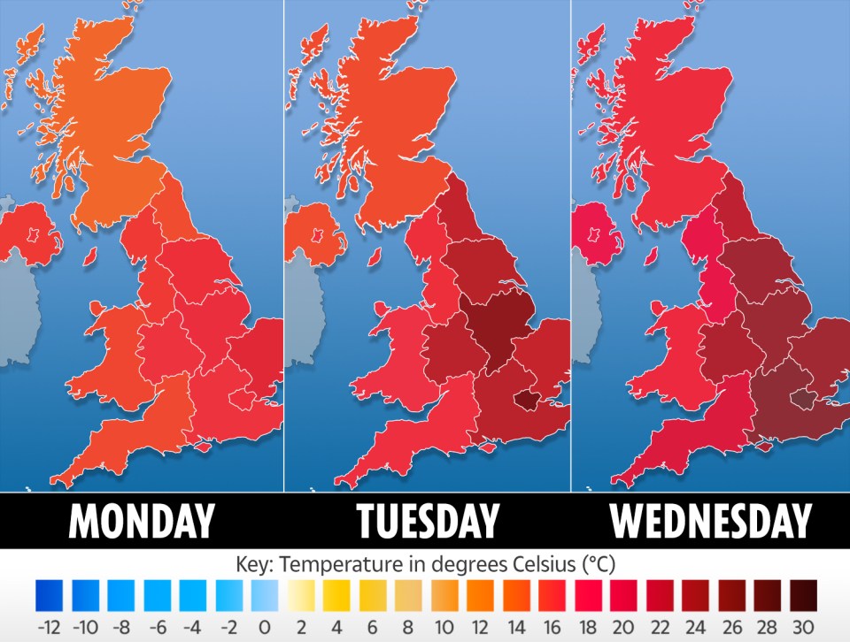 The week will get hotter as it goes on, with highs of around 34C predicted on Thursday