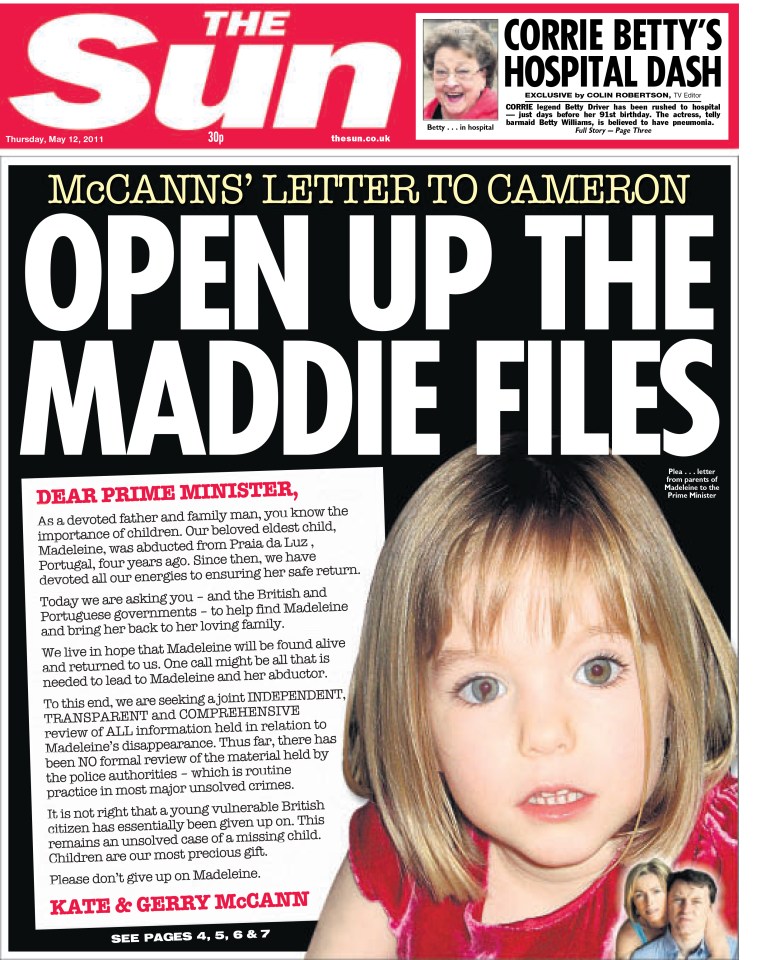 The Sun's front page of the letter to the PM in 2011