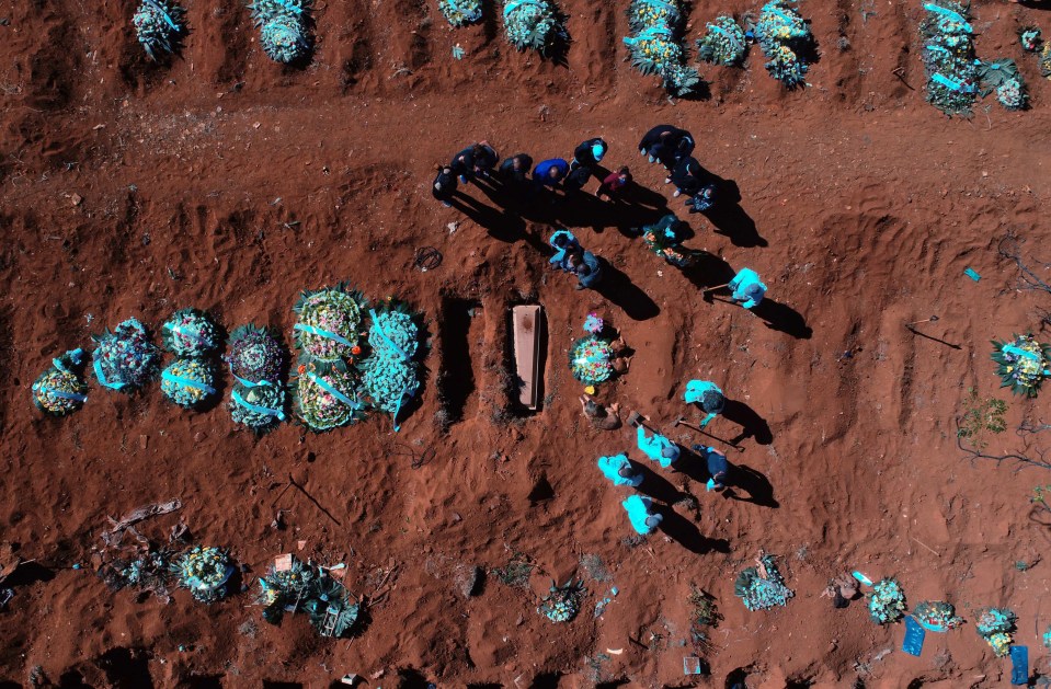 Aerial view from a drone of workers burying victims of the Covid-19 pandemic in Sao Paulo