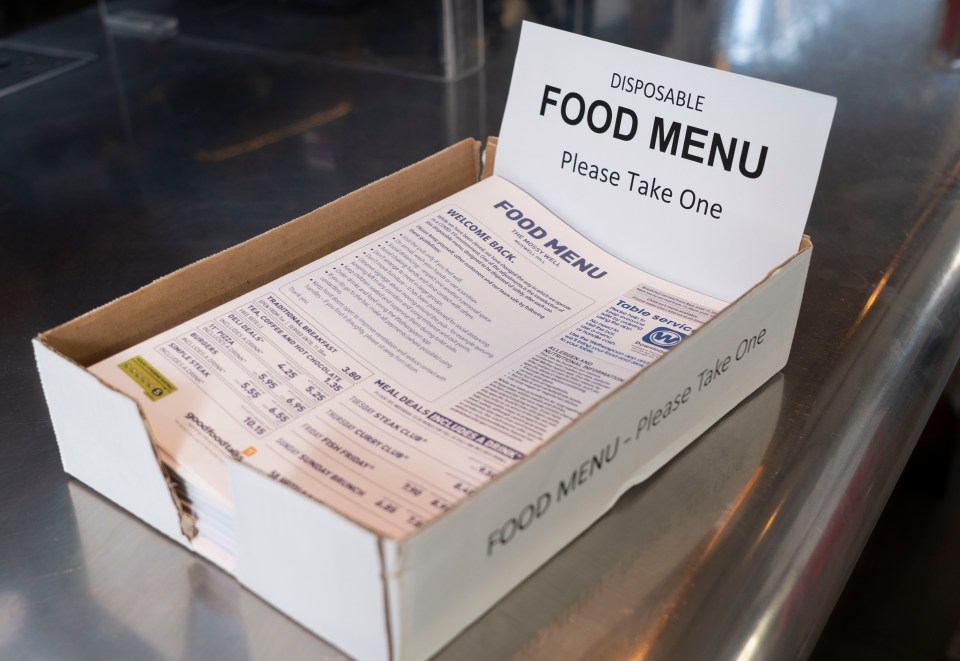 An example of the disposable menus at Wetherspoons which will be binned after use