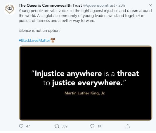 The Queen’s Commonwealth Trust tweeted its support for the Black Lives Matter movement