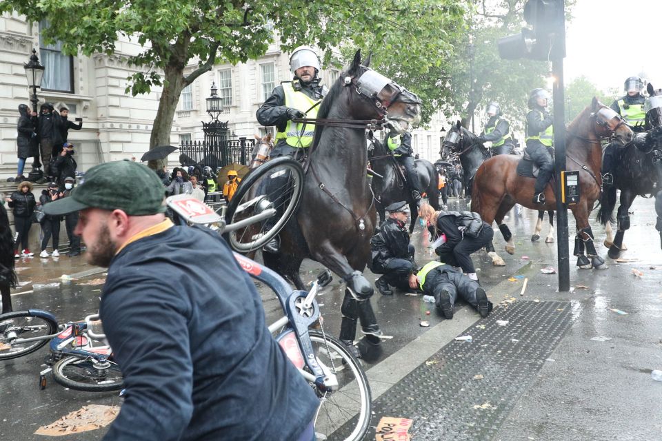 Protesters were seen using bikes as weapons