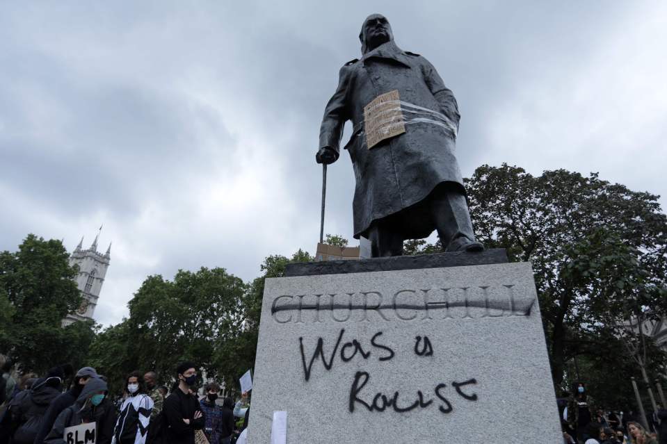 The statue to Winston Churchill in Parliament Square, London, was defaced during a protest