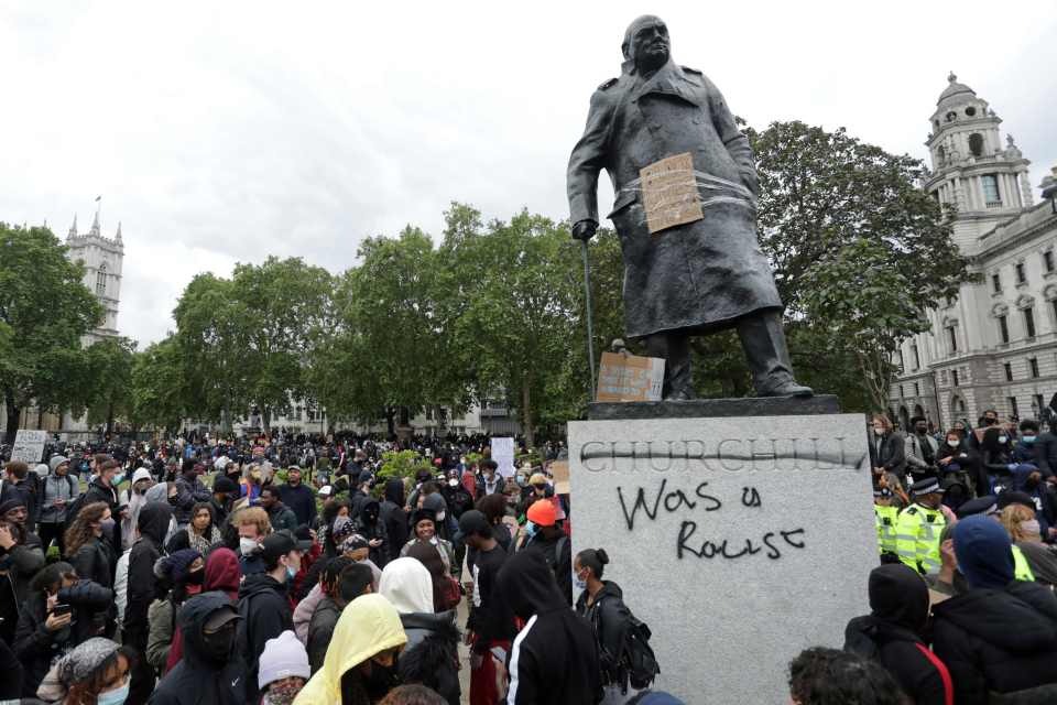 The memorial to Winston Churchill was vandalised at the weekend by protesters