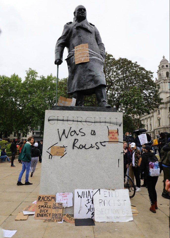 The Winston Churchill statue in Parliament Square was targeted by vandals during the protests