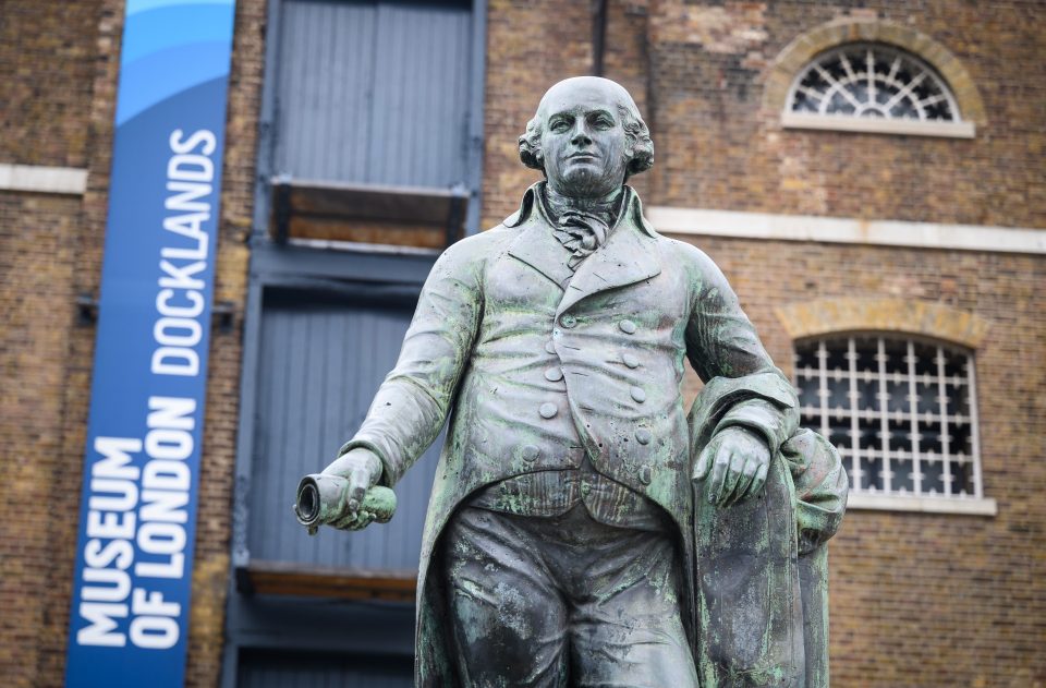  A statue of Robert Milligan, an 18th century Scottish merchant who owned 526 slaves at his Jamaican sugar plantation, stands outside the Museum of the Docklands near Canary Wharf