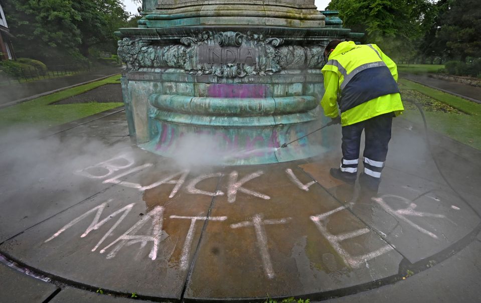 'Black Lives Matter' was sprayed on the base of the Queen Victoria statue