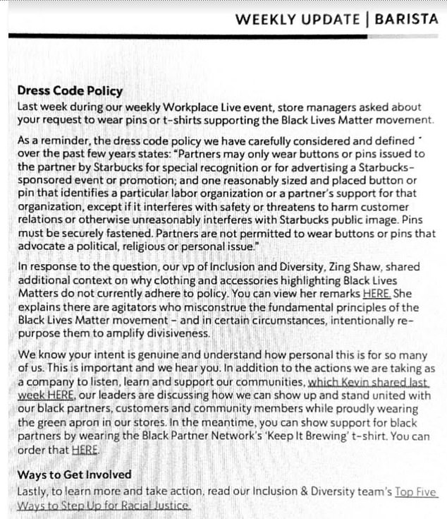 An internal bulletin explicitly addressed the employee dress code policy, prohibiting staff from wearing any Black Lives Matter attire